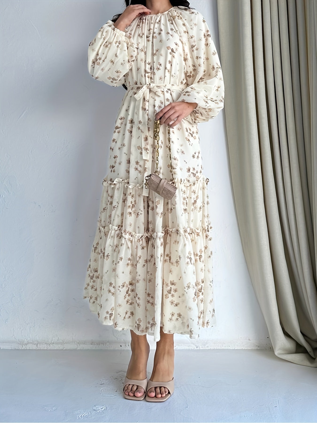 Stunning Floral Print Crew Neck A-Line Dress - Elegant Long Sleeve, Tiered Hem, Comfortable Fit, Versatile Occasion Wear - Womens Clothing for Everyday Elegance