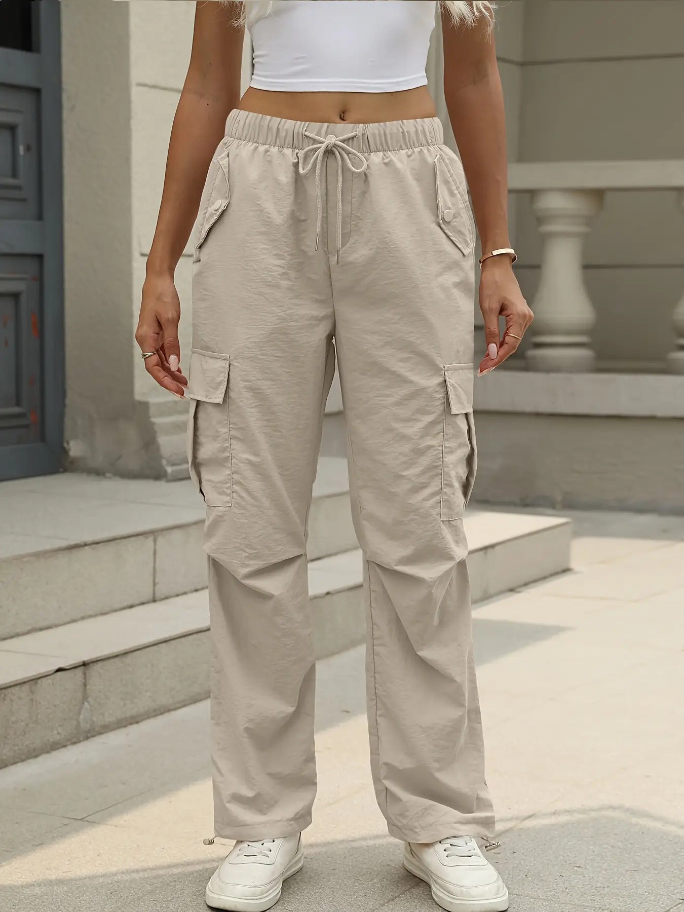 Women's Casual Cargo Pants with Adjustable Waist & Multi-Pocket Design - Low-Transparency Non-Stretch Heavyweight Fabric, All-Season Solid Color Work Pants for Outdoor, Travel, Casual Attire - Belt Loops & Button Closure (No