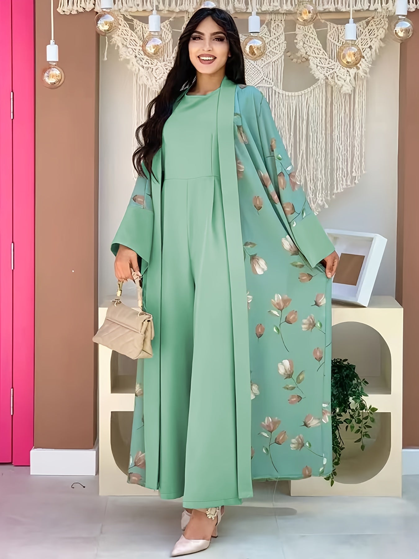 Middle Eastern Muslim Print Jumpsuit Two-Piece Set for Women Without Headscarf