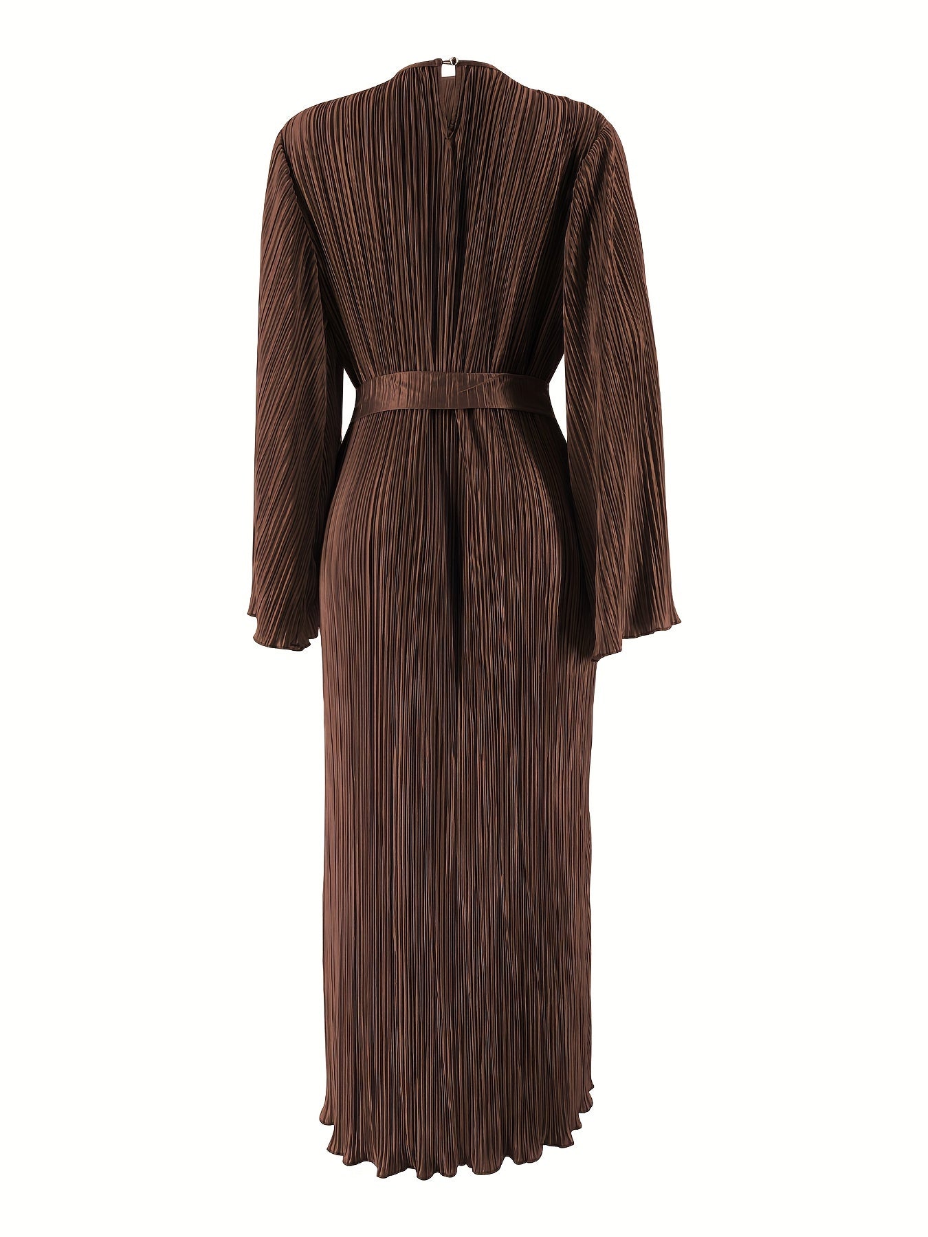Solid Textured Belted Modest Dress, Elegant Flare Sleeve Simple Maxi Dress For Spring & Fall, Women's Clothing
