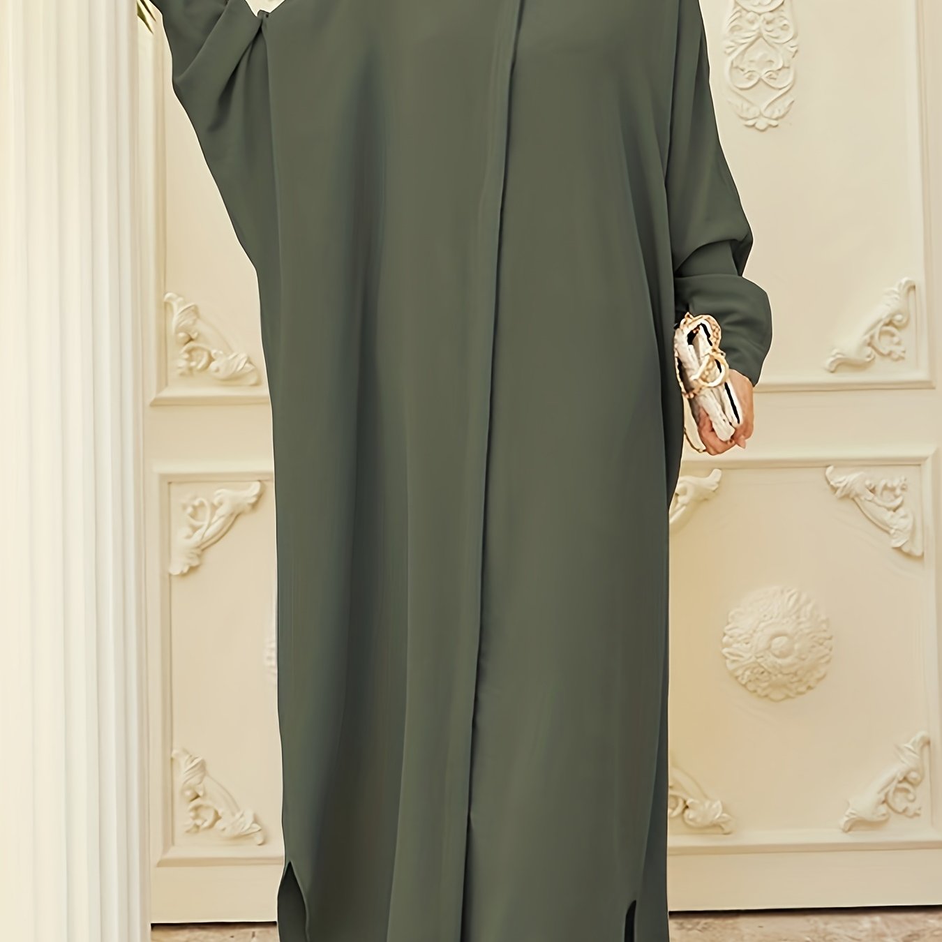 Ramadan Modest Batwing Sleeve Kaftan Dress - Solid Black Loose Fit Maxi Dress with Slit Hem & Button Front, Non-Stretch Fabric for Women, All-Season Versatile Abaya