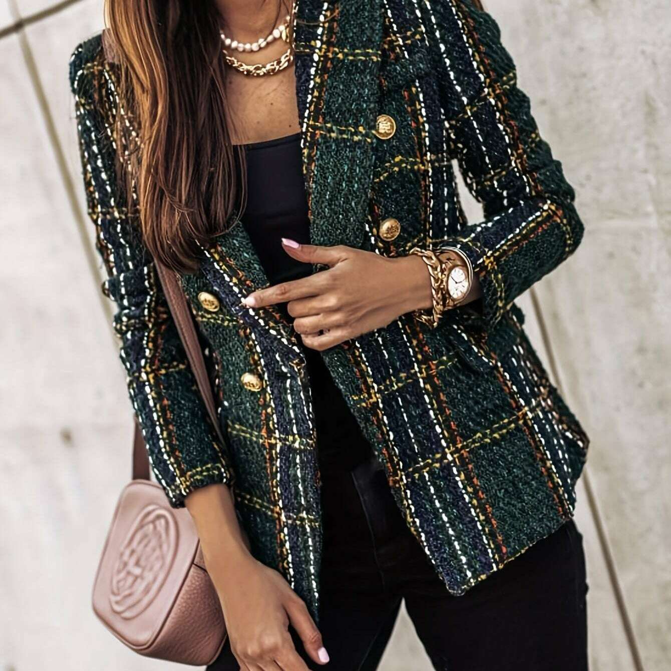 Elegant Plaid Tweed Double-Breasted Blazer for Women
