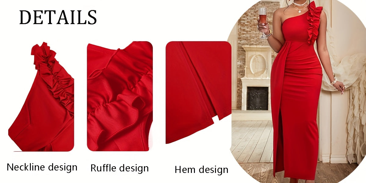 Women'S Elegant Formal Party dress - Sleeveless One-Shoulder Evening gown, Bodycon Fit with Asymmetric Neckline, Red Formal event dress for Women - Perfect for Valentine's, Galas, Proms, Weddings - Sophisticated Party Outfit,