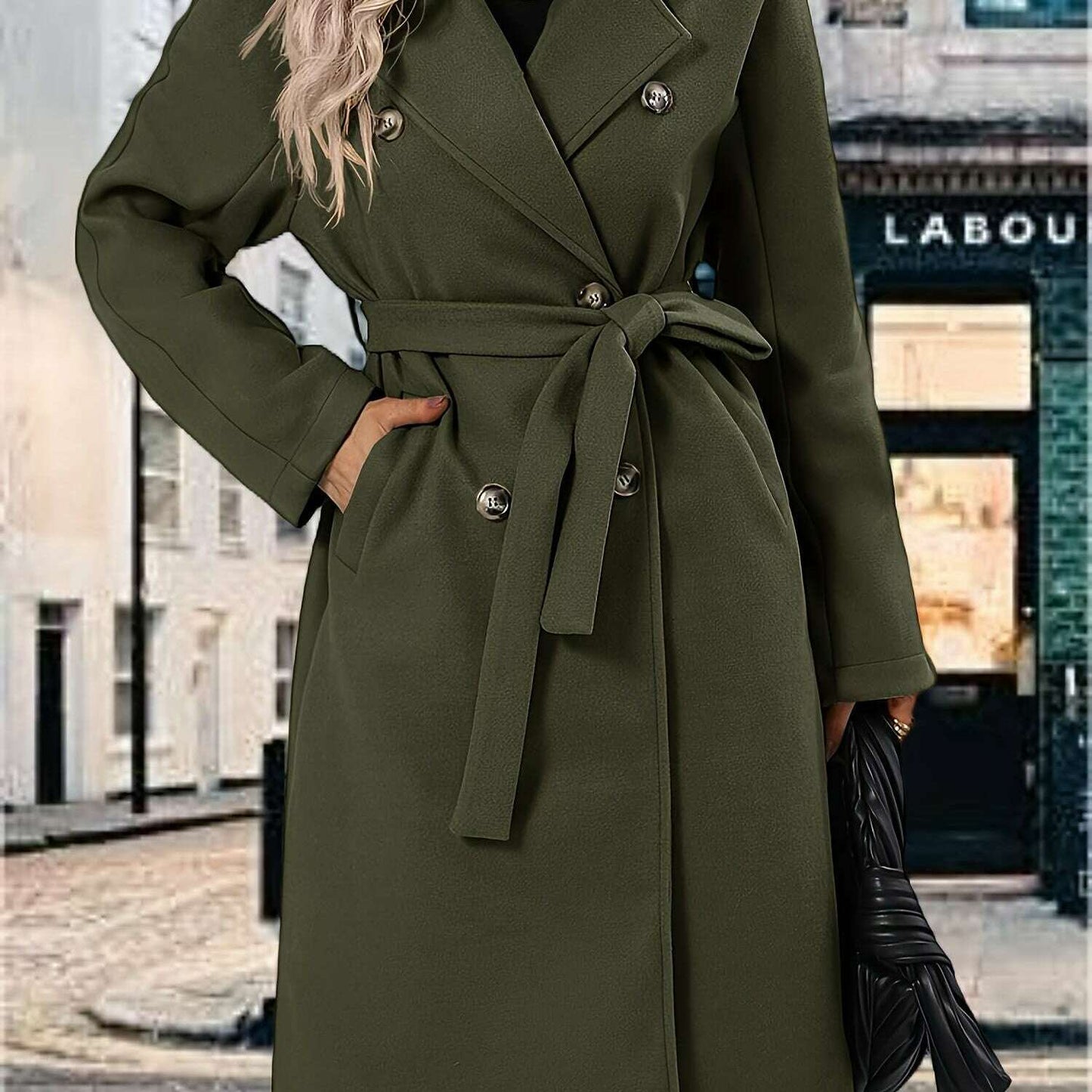 Women's Pea Coat with Lapel Collar and Belted Pockets