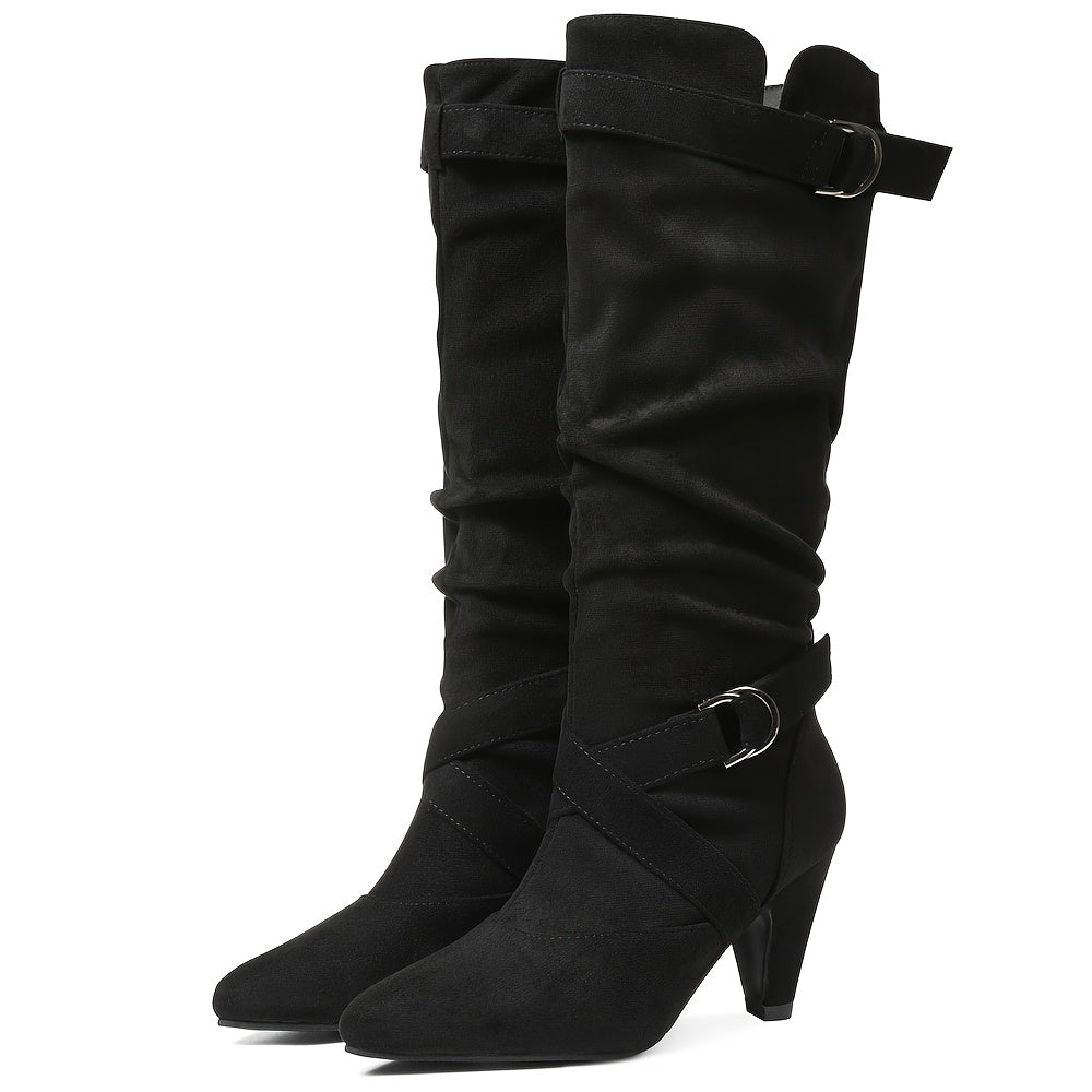 Women's Brown Retro Mid-Calf Boots - Thick High Heels, Pointed Toe, Buckle Straps, Stylish Pull-On for Party or Office, Suedelike