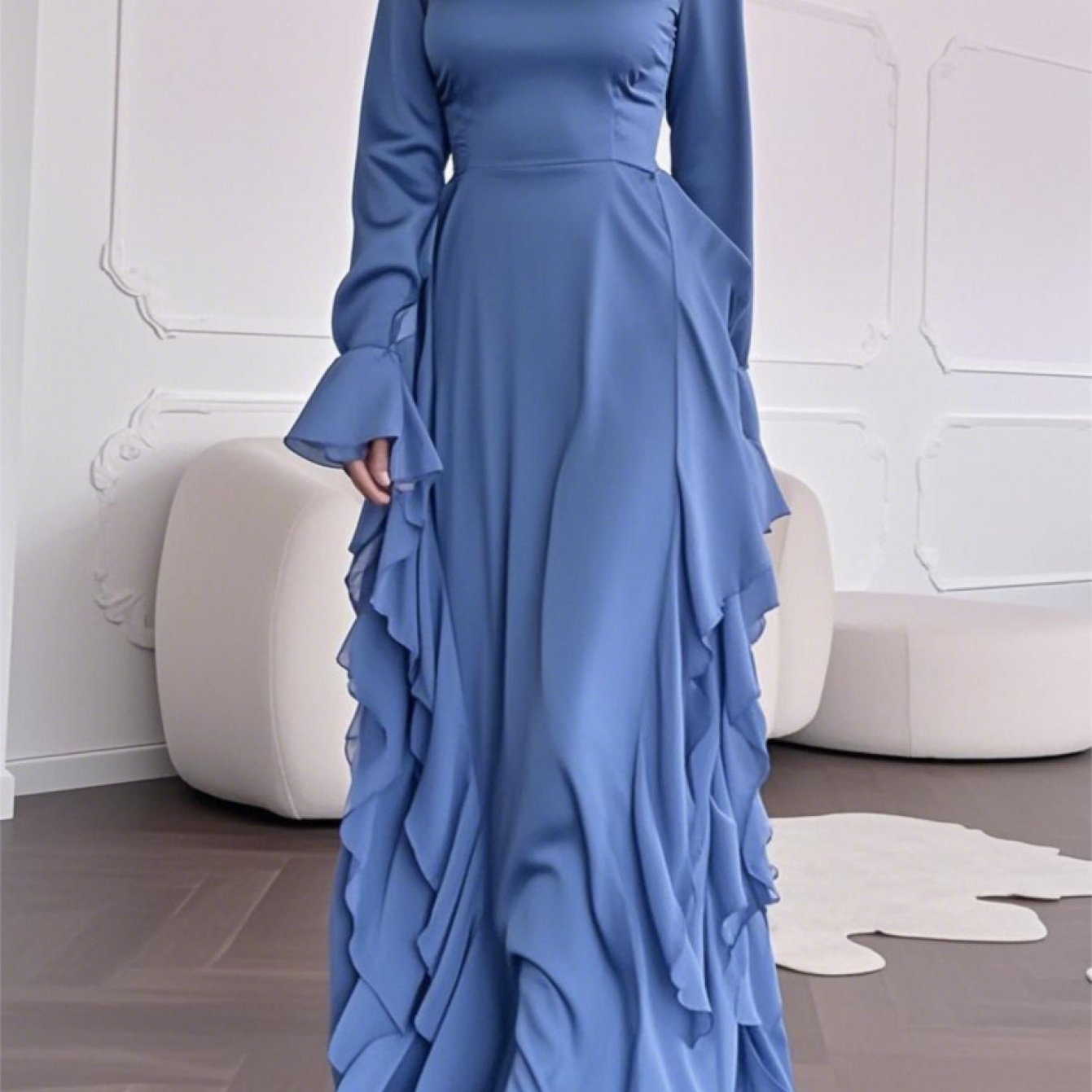 Elegant White Mock Neck Maxi Dress with Bell Sleeves & Ruffle Hem - Fitted Top & Flowy Skirt, Machine Washable Polyester, Non-Stretch, Versatile for Fall Events & All-Season Wear, Formal Event Attire, Nonstretch Material