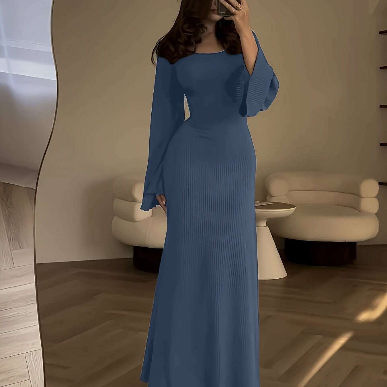Solid Color Women'S Ribbed Knit Dress with Long Bell Sleeves, Round Neck, And Back Tie.