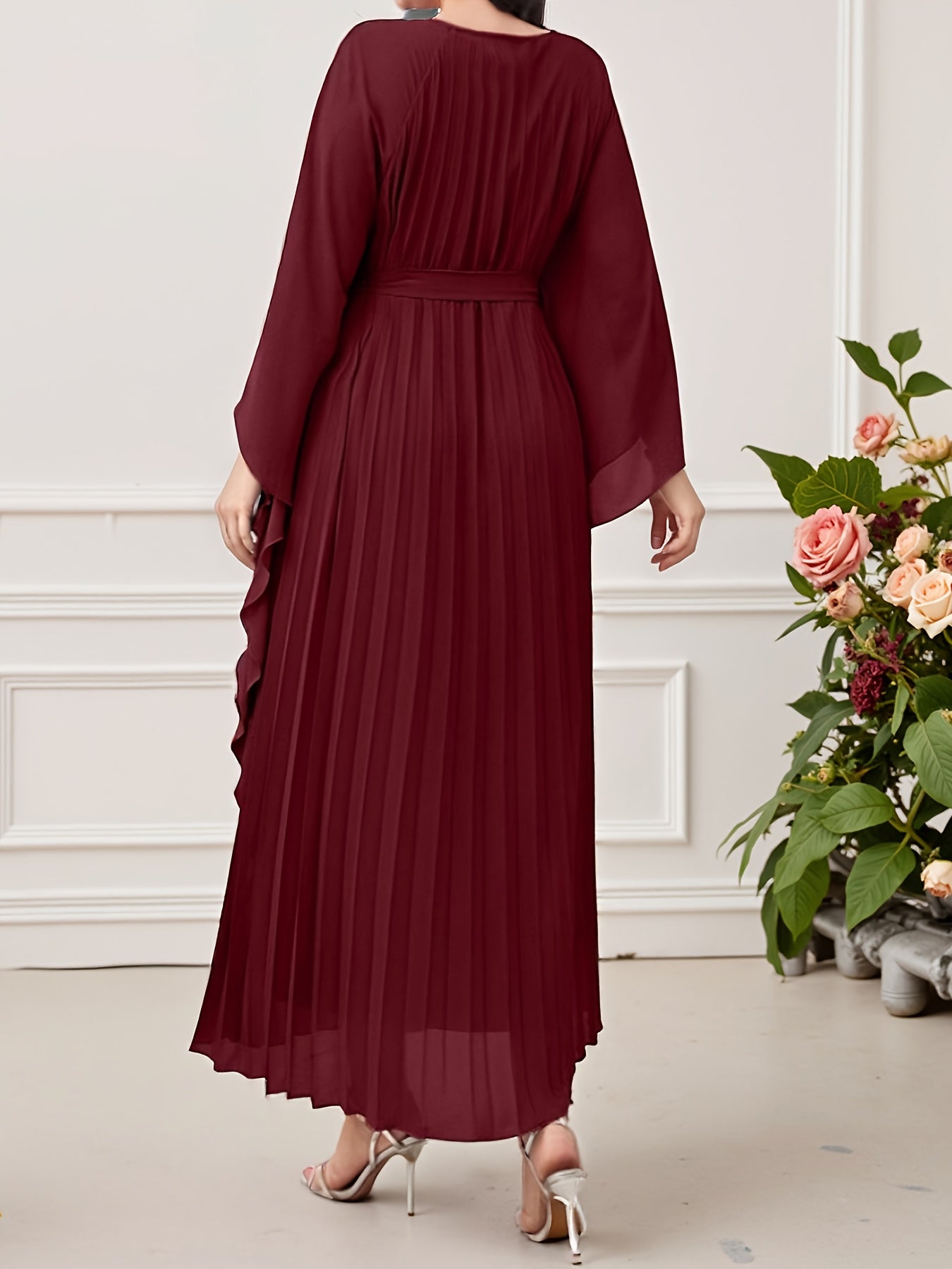 Elegant Maroon Batwing Sleeve Maxi Dress with Tie-Waist Detail - Long Sleeve, A-Line Silhouette, Round Neck, Perfect for Spring/Summer/Fall, Adult Women'S Fashion, Casual Elegant Wear | Batwing Sleeve Dress | Polyester Fabric