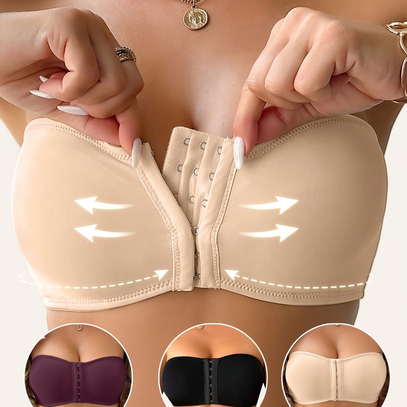 3pcs, Spring and Summer Style, Strapless, No Underwire, Front Closure, Removable Pads, Soft, Breathable, Comfortable, Anti-Displacement