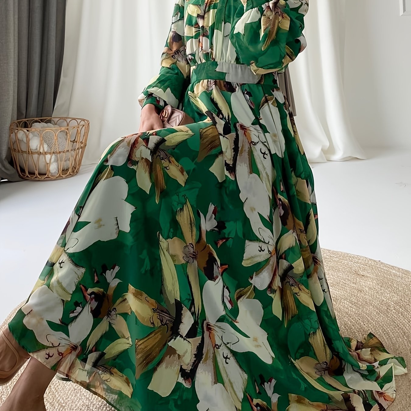 Elegant Chiffon Maxi Dress for Women - Color Block, Long Sleeve with Button Detail, Machine Washable - Perfect for Ramadan & All Seasons