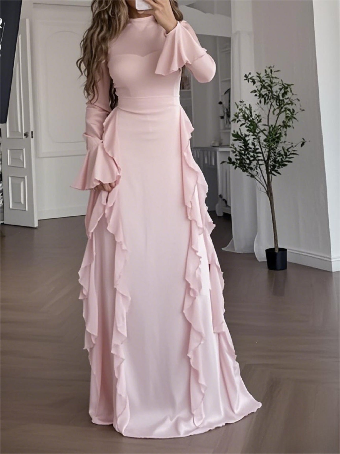 Elegant White Mock Neck Maxi Dress with Bell Sleeves & Ruffle Hem - Fitted Top & Flowy Skirt, Machine Washable Polyester, Non-Stretch, Versatile for Fall Events & All-Season Wear, Formal Event Attire, Nonstretch Material