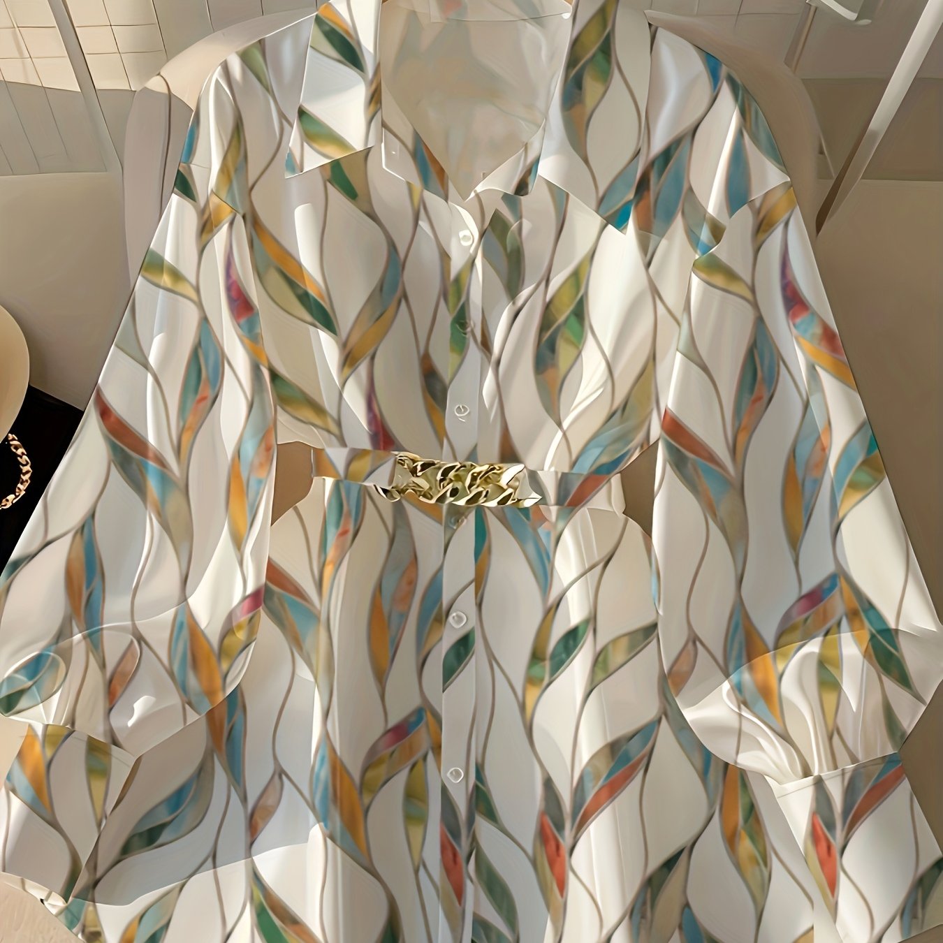 Loose Long-sleeved Casual Retro Style Women'S Top For Going Out; Fashionable Shirt With A Belt