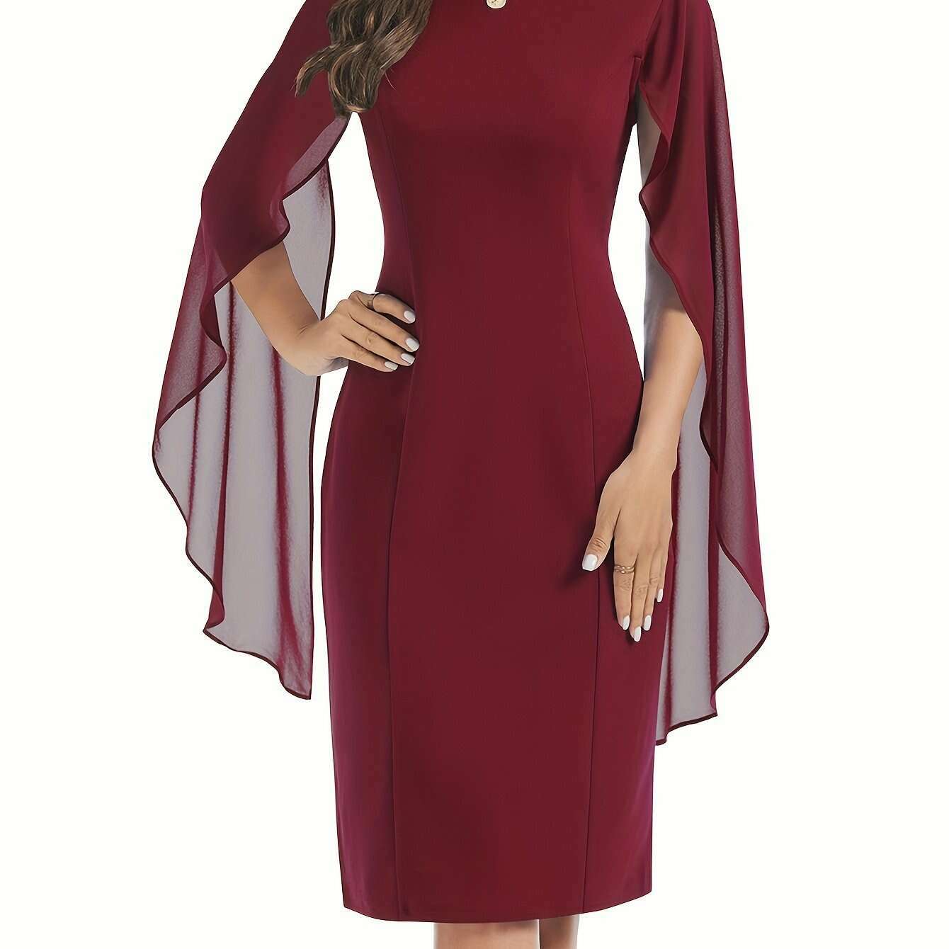 Elegant Midi Bodycon Dress with Cape Sleeves and Slit Hem - D&M Boutique