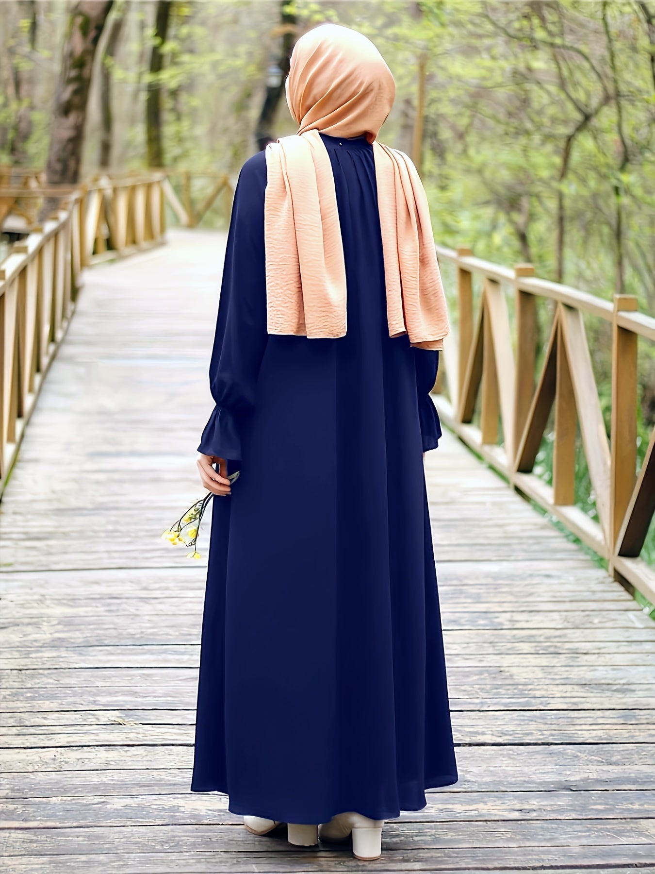 Women'S Navy Blue Long Tunic Dress with Puff Sleeves - Comfortable, Solid Color, All-Season Wear, Casual Style, Casual Attire | Puff Sleeve Top | Flowy Fabric