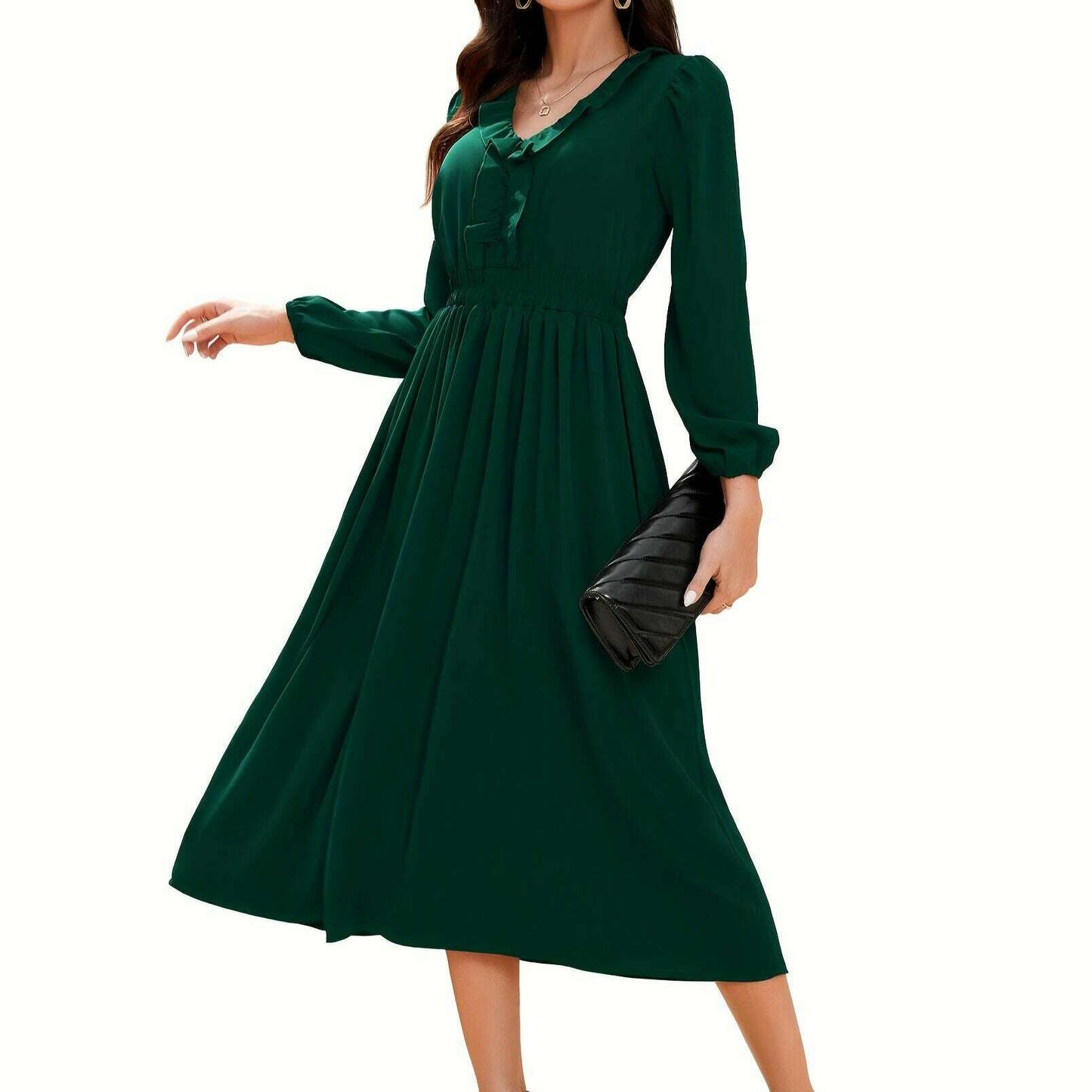 Long Sleeve Elegant Party Dress with Pleats & Ruffles - D&M Boutique