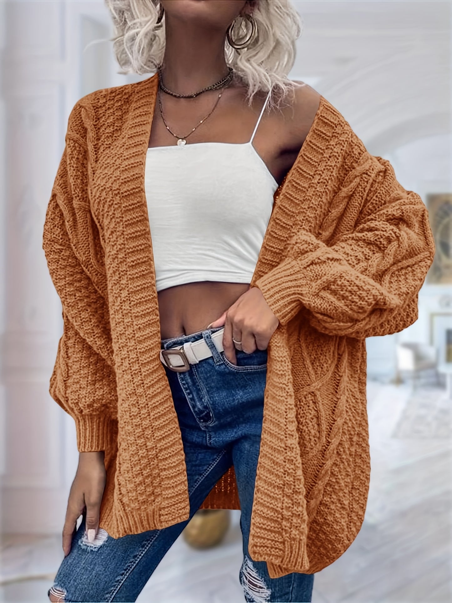 Women's Oversized Chunky Cable Cardigan Sweater Coat - Soft Pink Open Front Long Sleeve Winter Coat with Button-Free Closure, Cozy Fall & Winter Sweater for Casual Semi-Formal Outfits