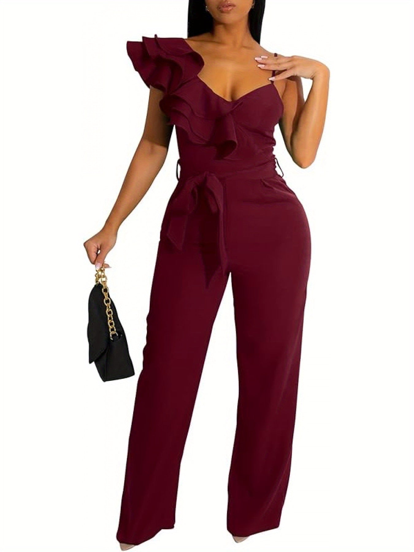 Womens Jumpsuits Ruffle Backless V-Neck Sleeveless Casual Belted Wide Leg Pant Romper Party Clubwear