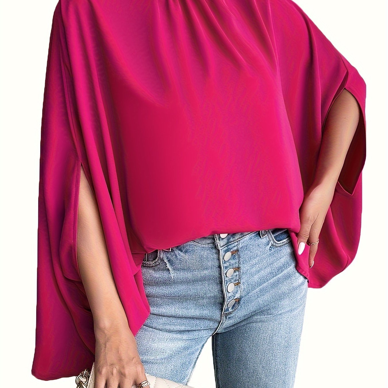 Women's Oversize Smock Neck Knot Back Batwing Sleeve Blouse Shirt Top