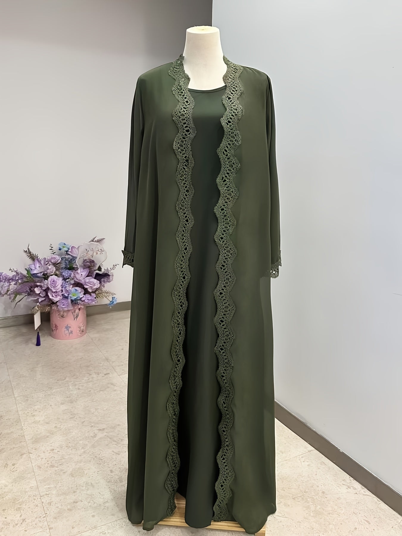3pcs Middle Eastern Abaya Robe Set - Modest Long Sleeve Lace-Trimmed Abaya with Headscarf, Solid Color, Non-Stretch Fabric, Regular Sleeve, All-Season Wear, Loose Fit, H-Line Silhouette, Islamic Fashion, Modest Apparel | Lace