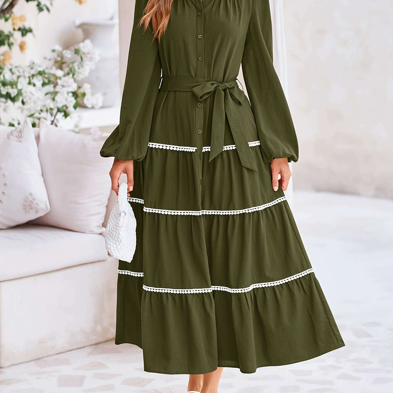 Women'S Spring Casual Dress Loose Drawstring Lantern Sleeve Long Sleeve Tier Dress With Pockets