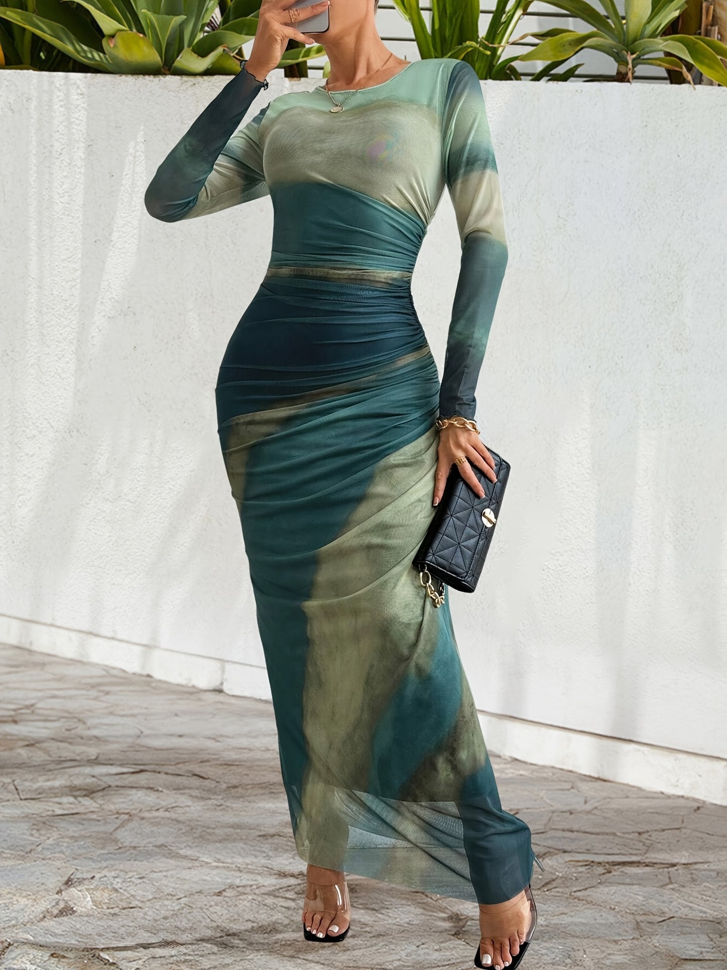 Women's Elegant Formal & Party Dress - Teal to Green Gradient, Stretchy Gauze-like Fabric, Flattering Slim Fit Mermaid-like silhouette for Evening Events, Weddings, Business Functions - Easy Hand Wash Care, Elegant Formal Dre