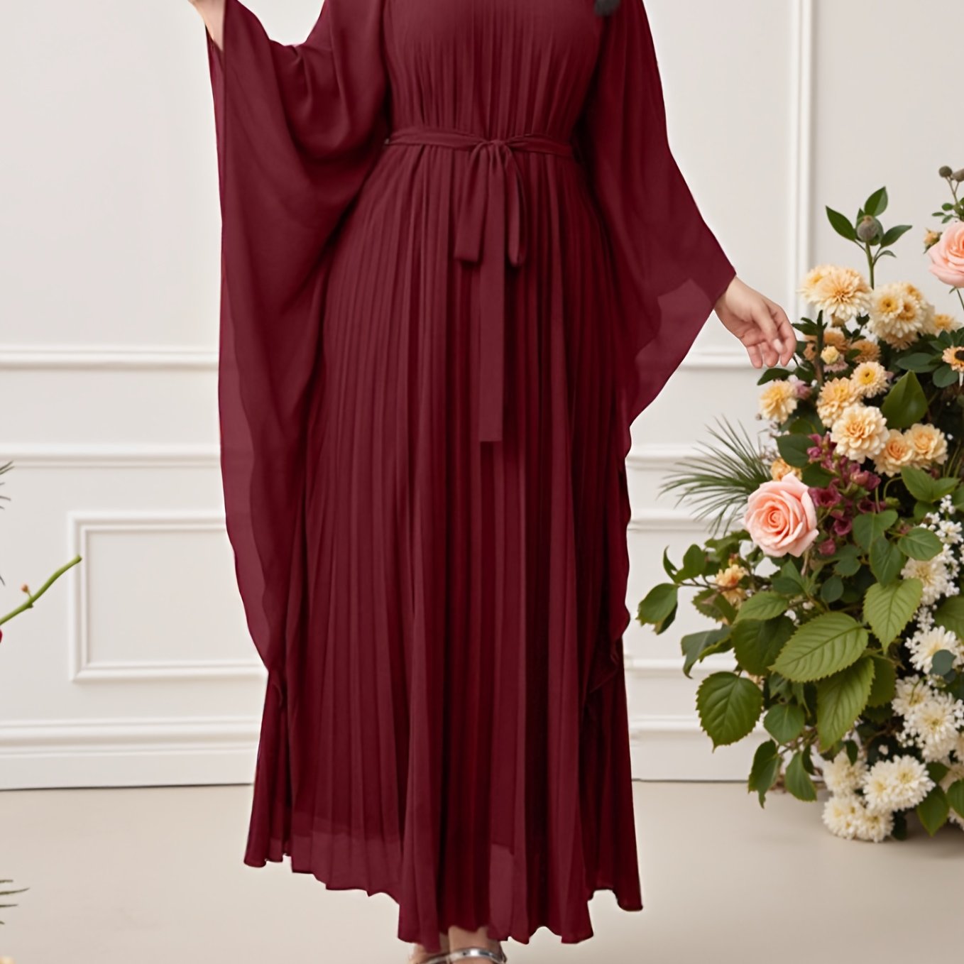 Elegant Maroon Batwing Sleeve Maxi Dress with Tie-Waist Detail - Long Sleeve, A-Line Silhouette, Round Neck, Perfect for Spring/Summer/Fall, Adult Women'S Fashion, Casual Elegant Wear | Batwing Sleeve Dress | Polyester Fabric
