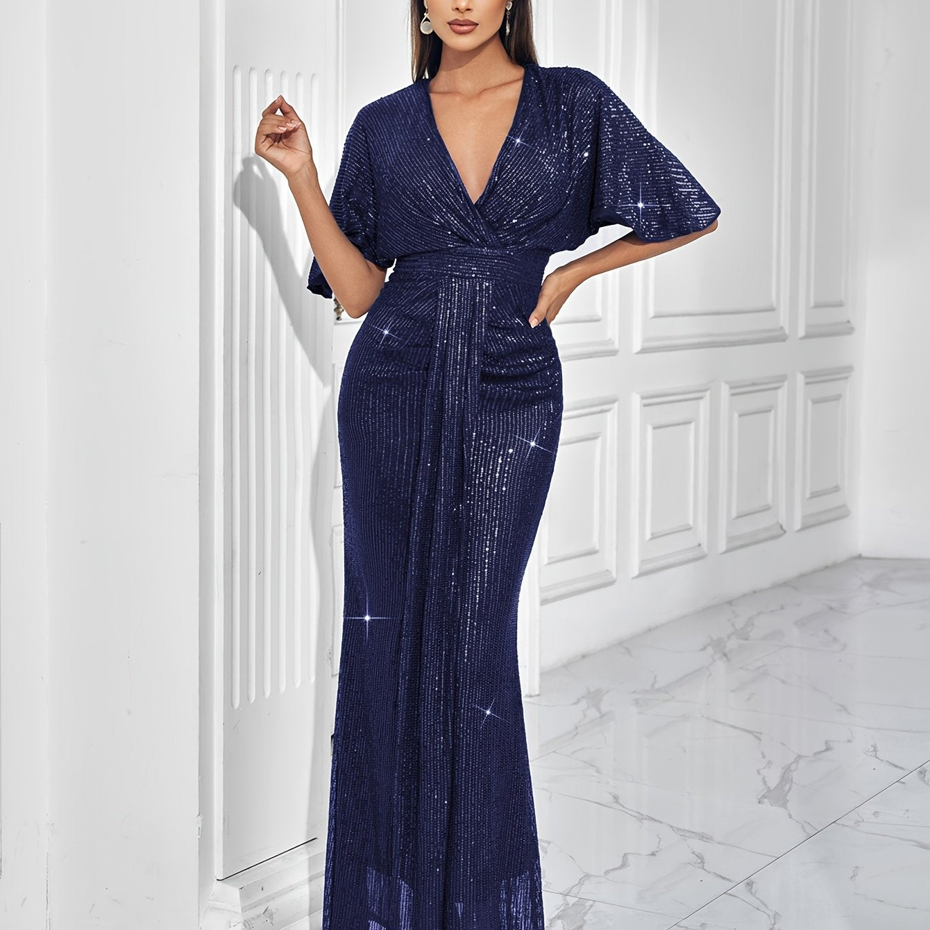 Sparkling V-neck Waist Cinched Dress