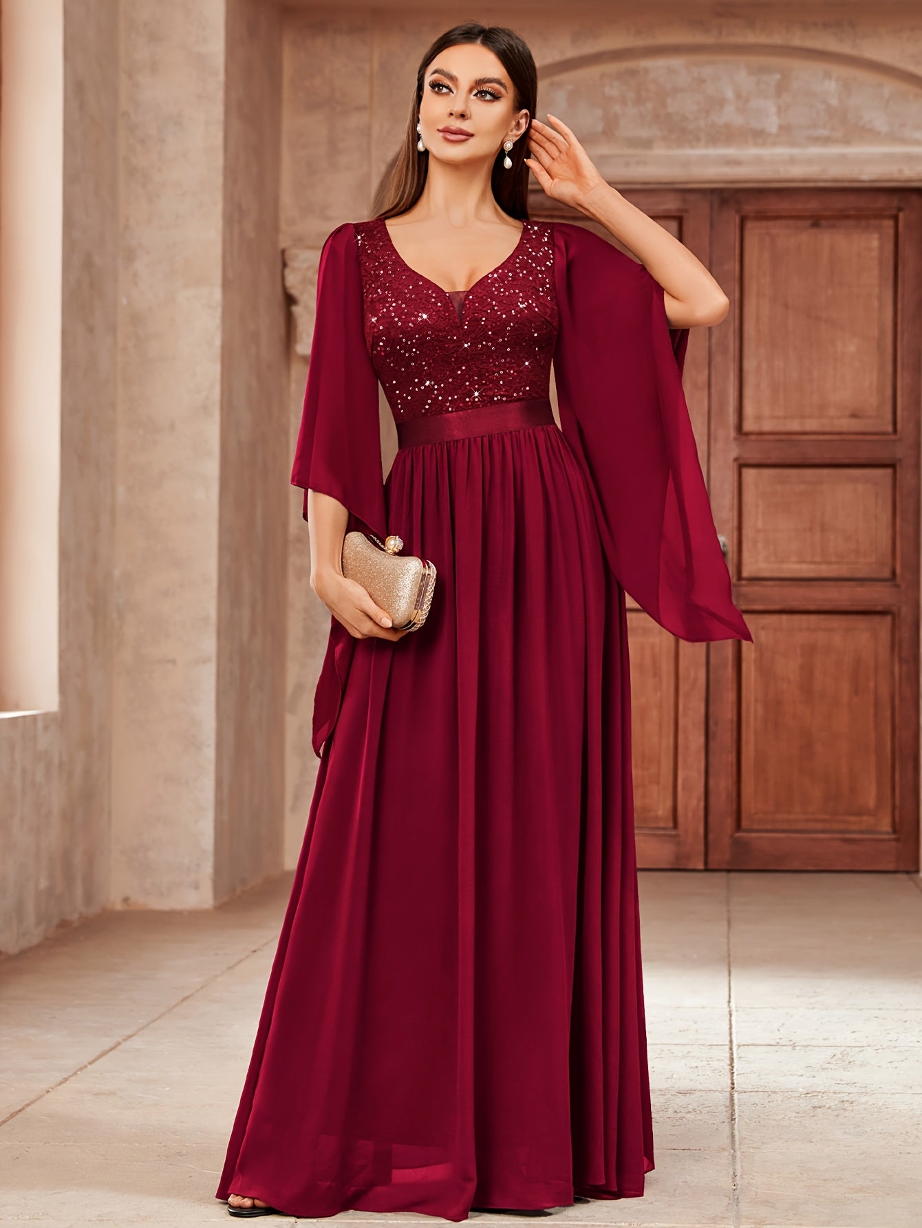 Deep V-Neck Lace Gown – Fit & Flare Sequin Dress