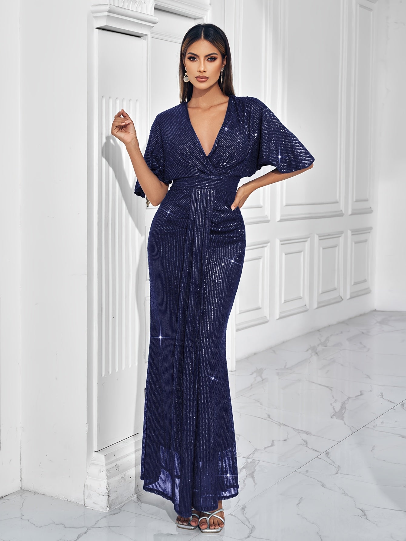 Sparkling V-neck Waist Cinched Dress