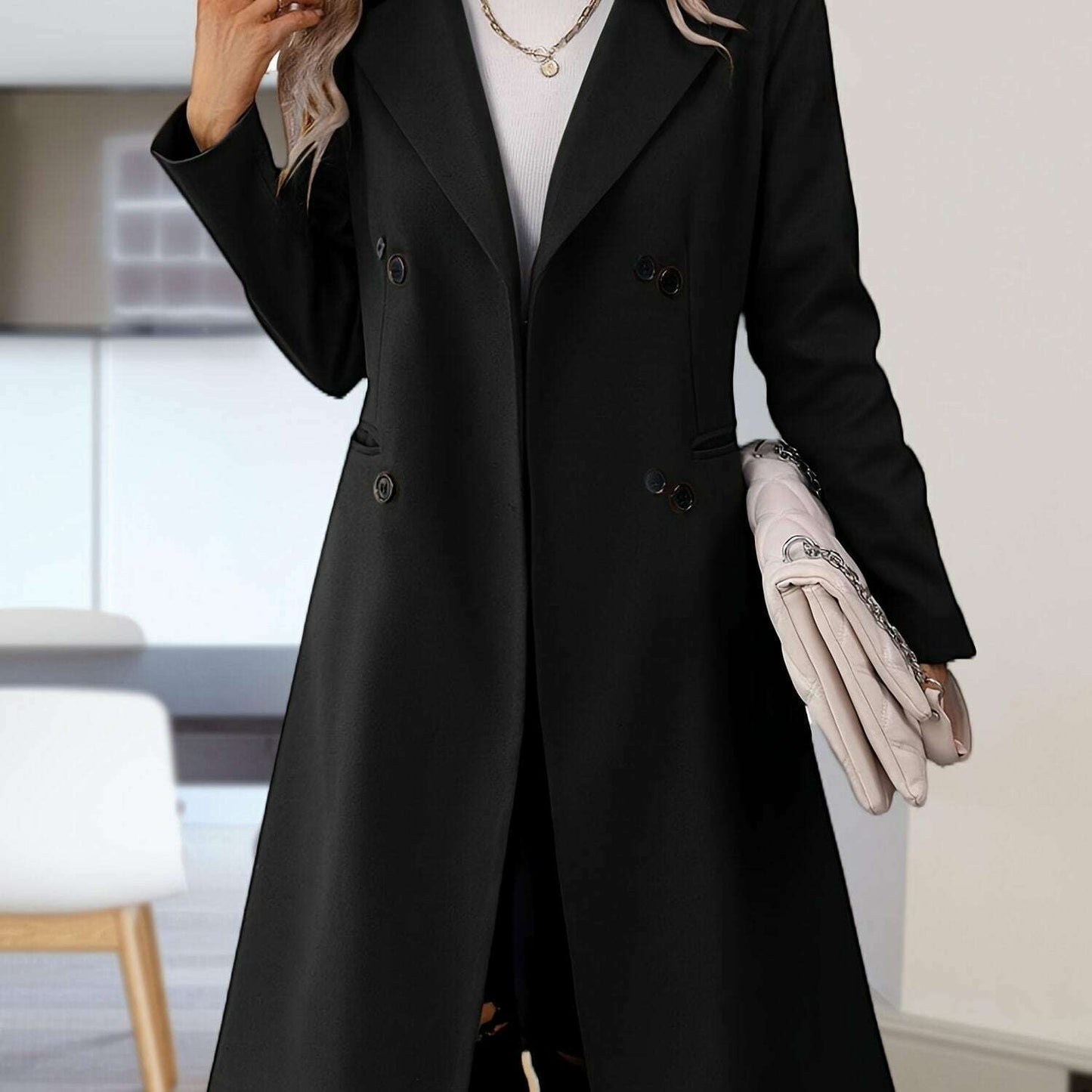 Women's Long Double-Breasted Pea Coat with Lapel Collar