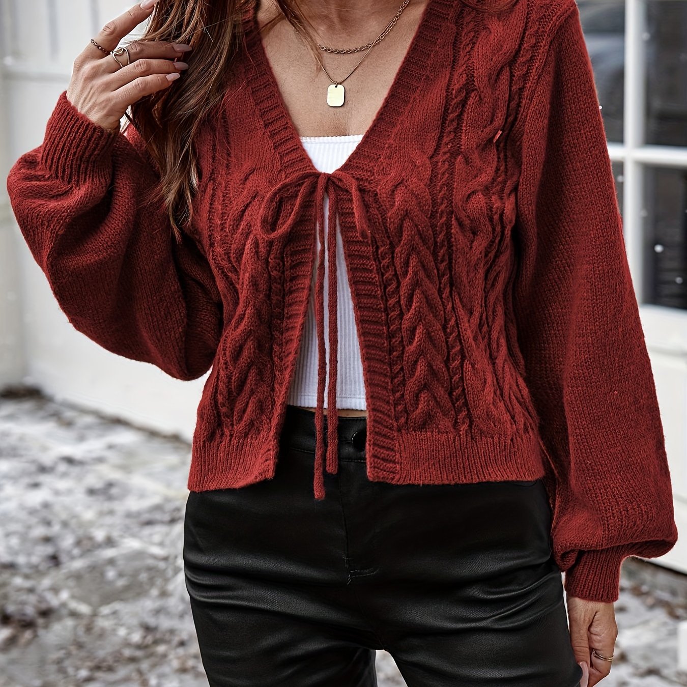 Long Sleeve Solid Color Polyester Cardigan - Elegant Casual Knit Sweater with V-Neck, Tassel Detail, and Drawstring for All Seasons