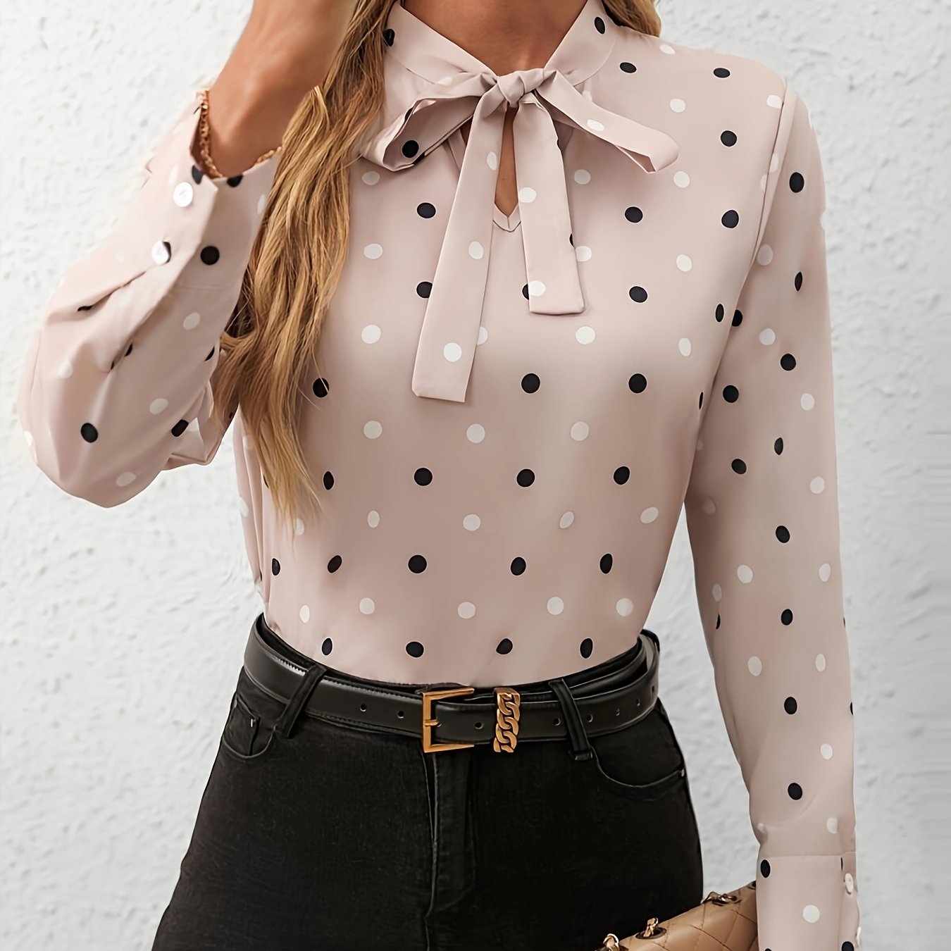 Women's Polka Dot Bowknot Collar Shirt - Long Sleeve Polyester Top, Machine Washable & Wrinkle-Resistant, Elegant Office & Casual Wear for Spring Summer Fall, Casual Latest Design Collar Shirts, Seasonal Fashion, Easycare Clo