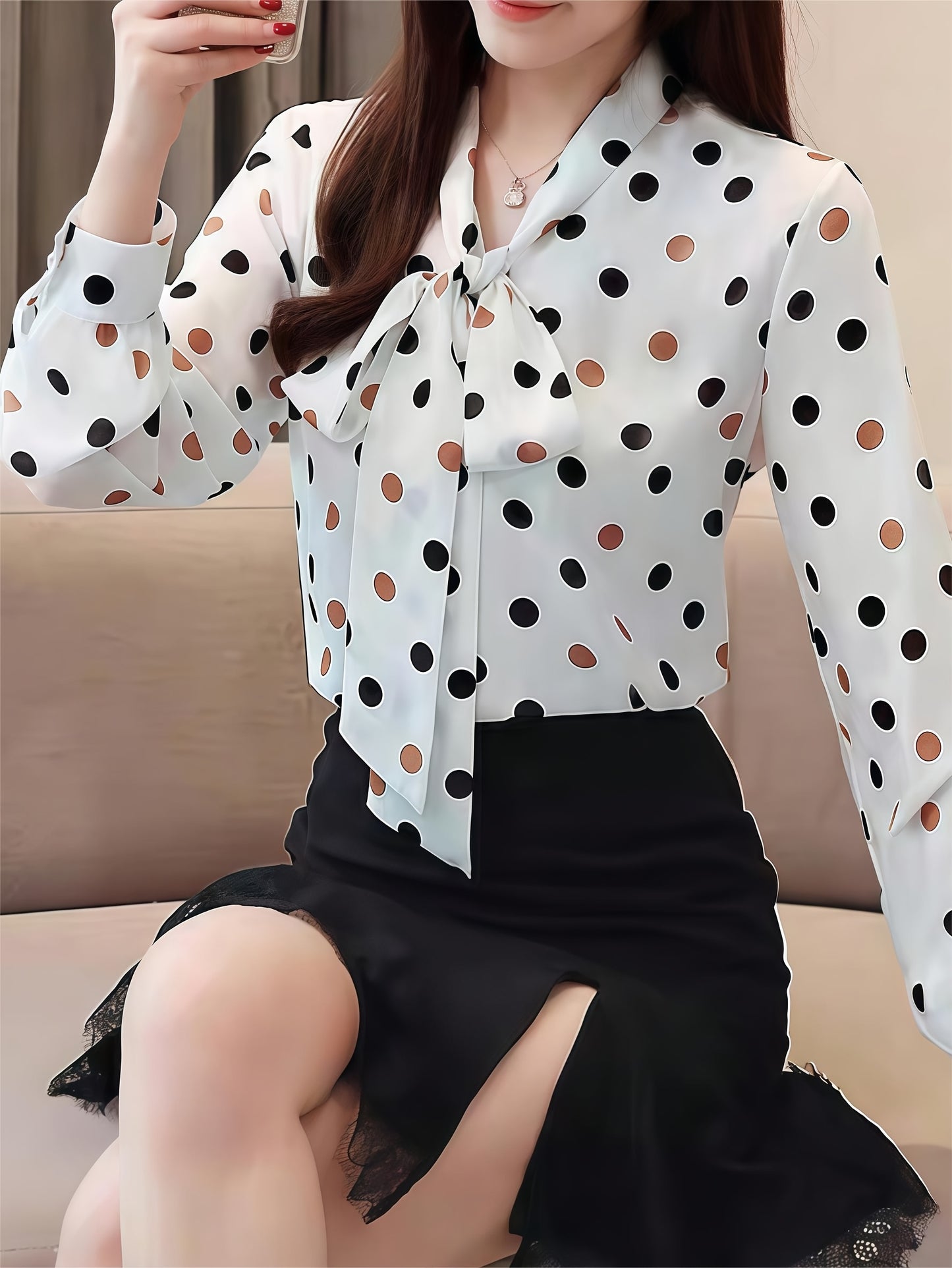 Polka Dot Print Long-sleeve Blouse, Women'S All-season Casual Top. Elegant And Versatile Style Suitable For Spring, Summer, Autumn, And Winter, Perfect For Both Office Wear And Dates, Offering A Fresh And Refined Look