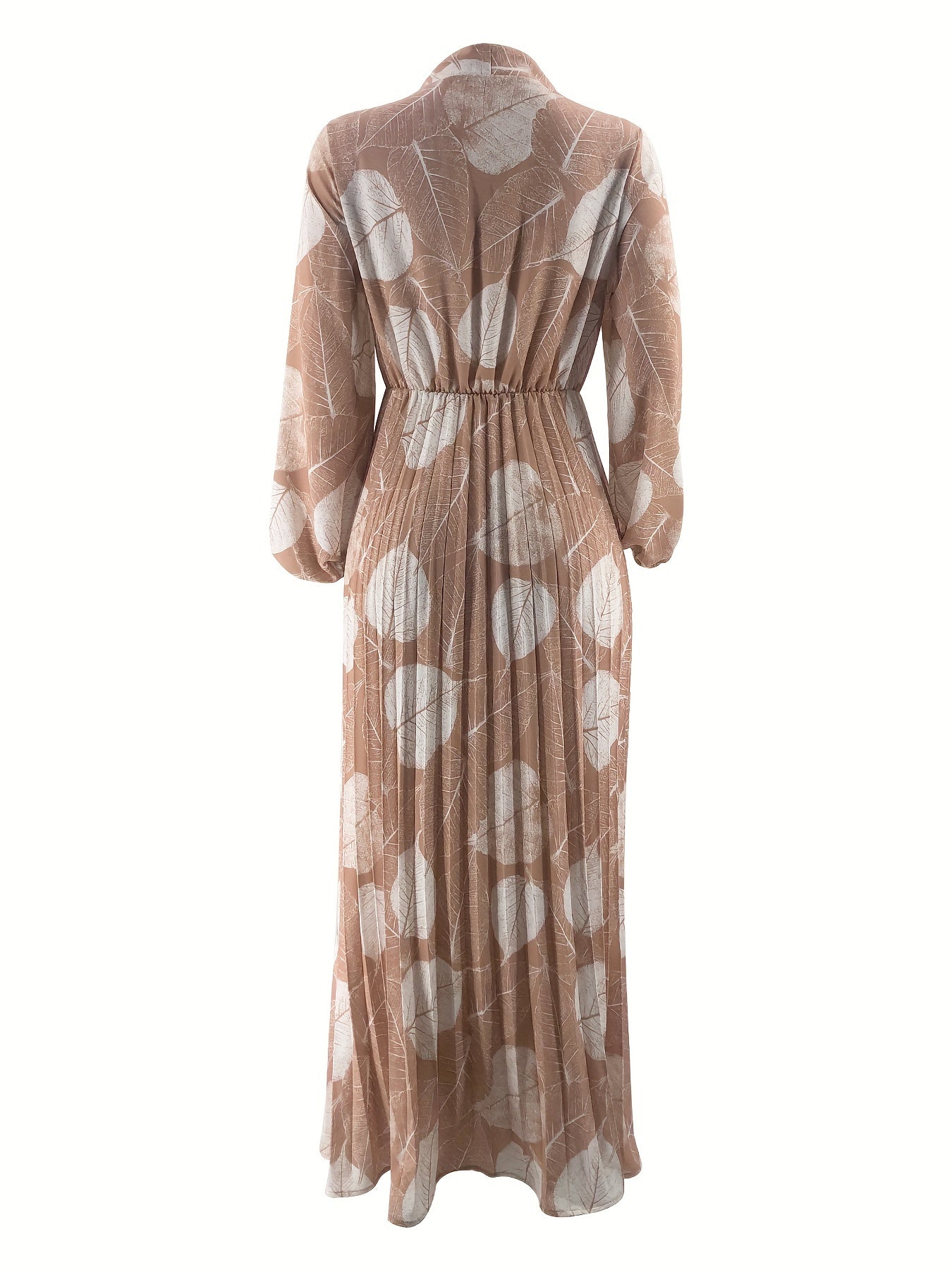 Modest Wear Muslim Dress – Black & White Leaf Print Long Sleeve Pleated Dress
