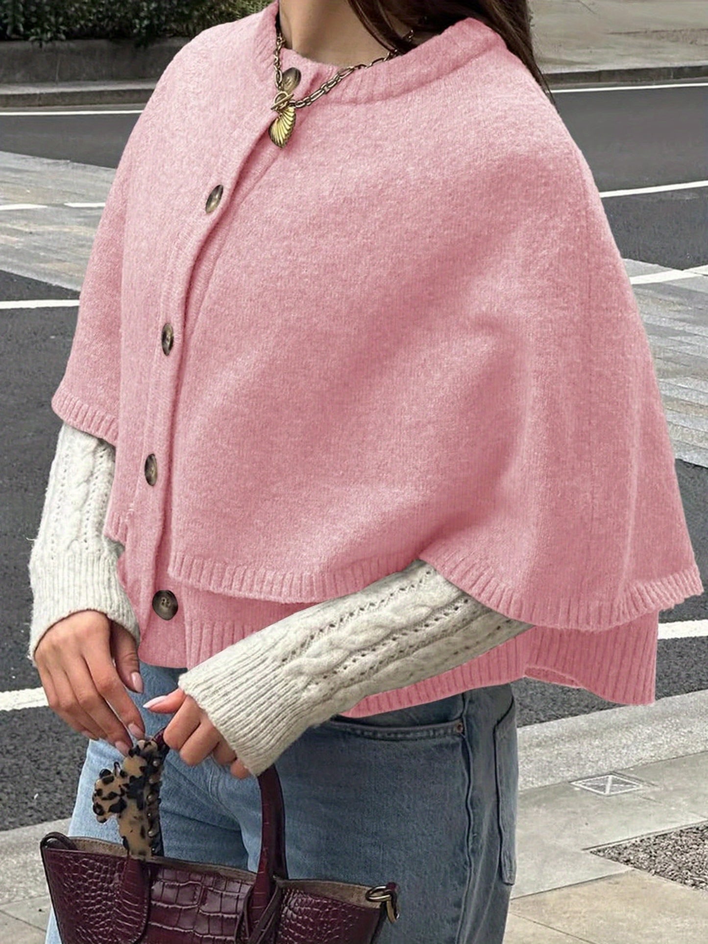 Women's Elegant Soft Pink Oversized Cape Cardigan - Fall Winter Sweater Coat with Button Front Closure, Long Sleeve Crew Neck & H-Line Silhouette, Medium Stretch for Casual to Formal Outfits