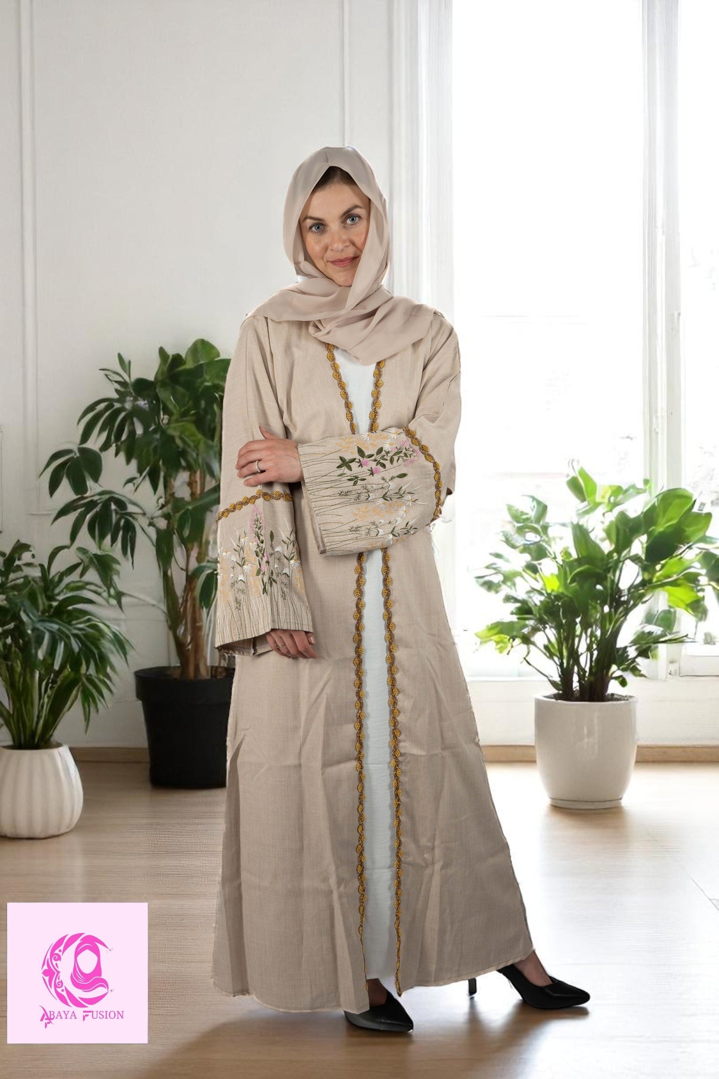 Beige linen embroidery abaya