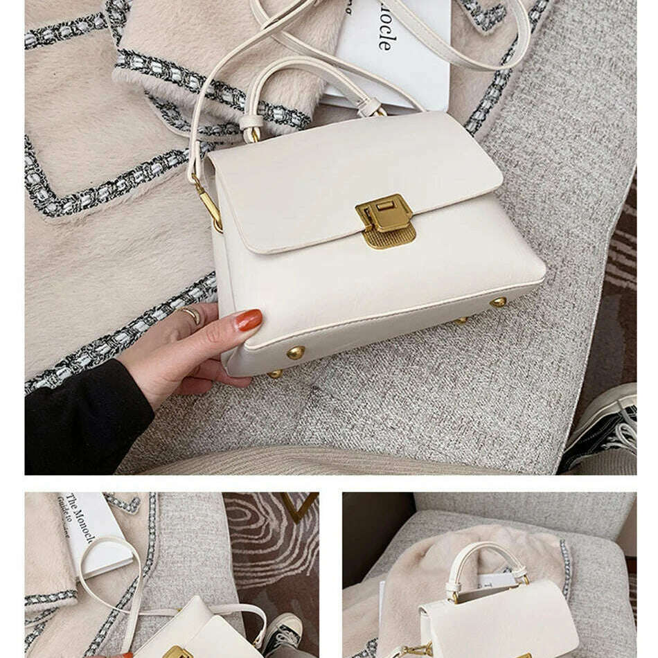 Chic Leather Top-Handle Bag with Gold Lock Closure