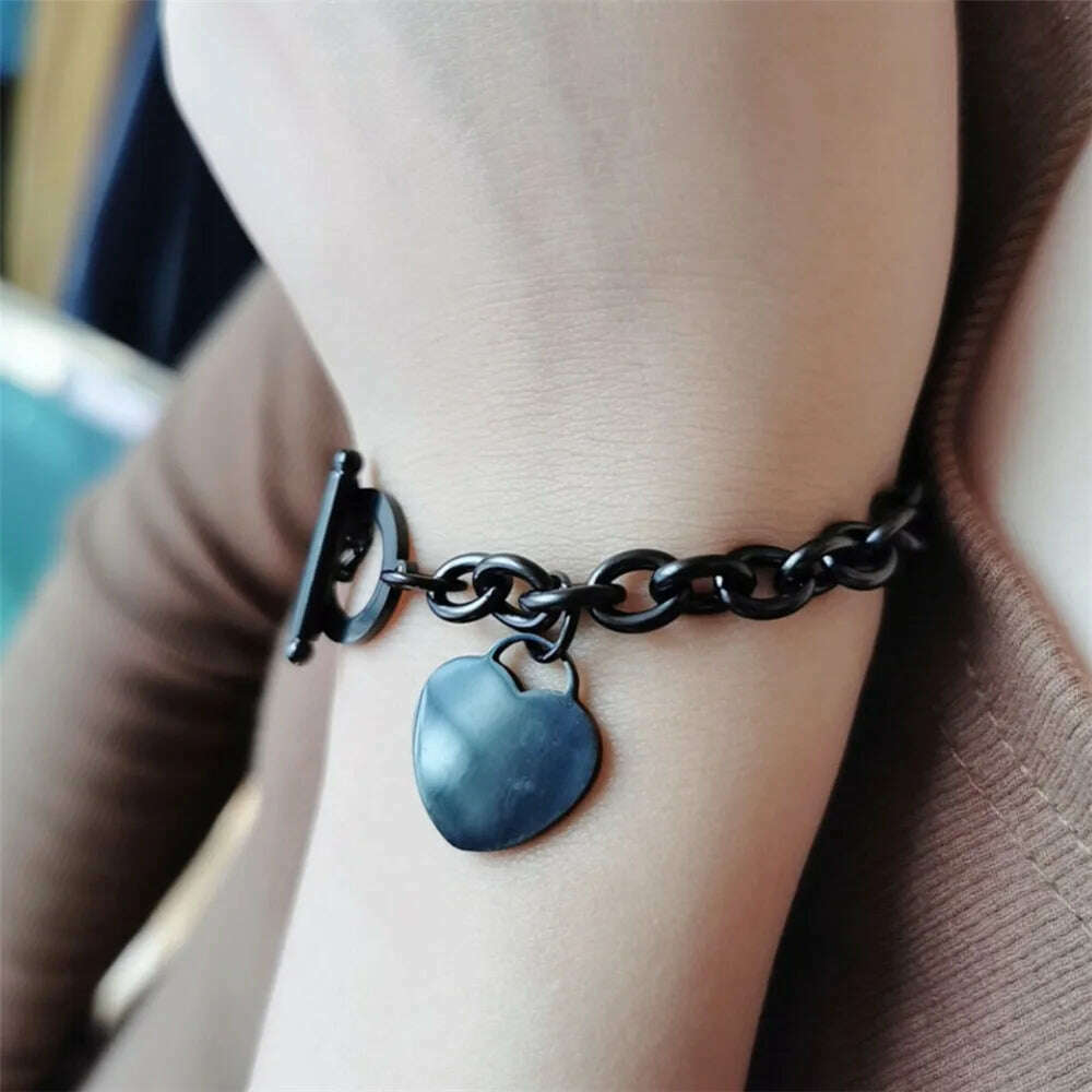 Classic Stainless Steel Toggle Bracelets Thick Chain Love Heart Charm Bracelet For Women Girls New Bracelets Trendy Jewelry
