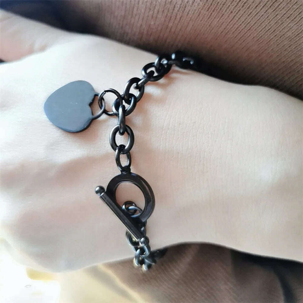 Classic Stainless Steel Toggle Bracelets Thick Chain Love Heart Charm Bracelet For Women Girls New Bracelets Trendy Jewelry
