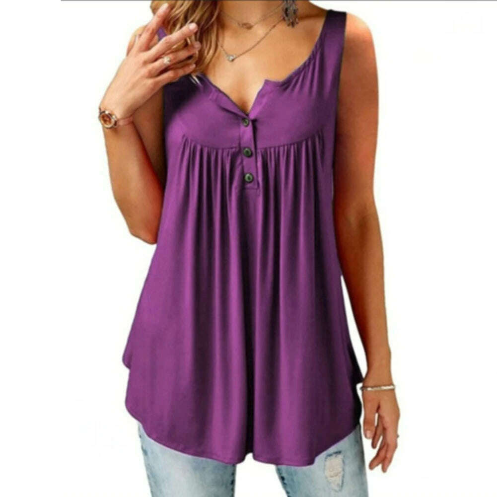 Loose U-Neck Tank Top – Sleeveless, Pleated, Button Detail - D&M Boutique