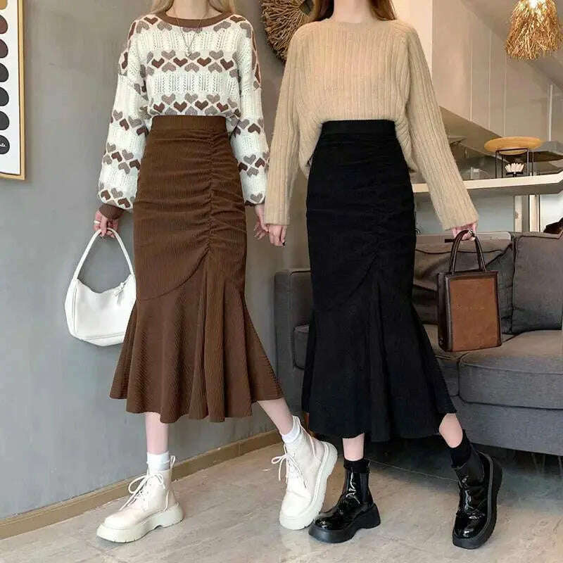 Lucyever High Waist Midi Skirt – Slim Fit, Ruffles, Brown - D&M Boutique