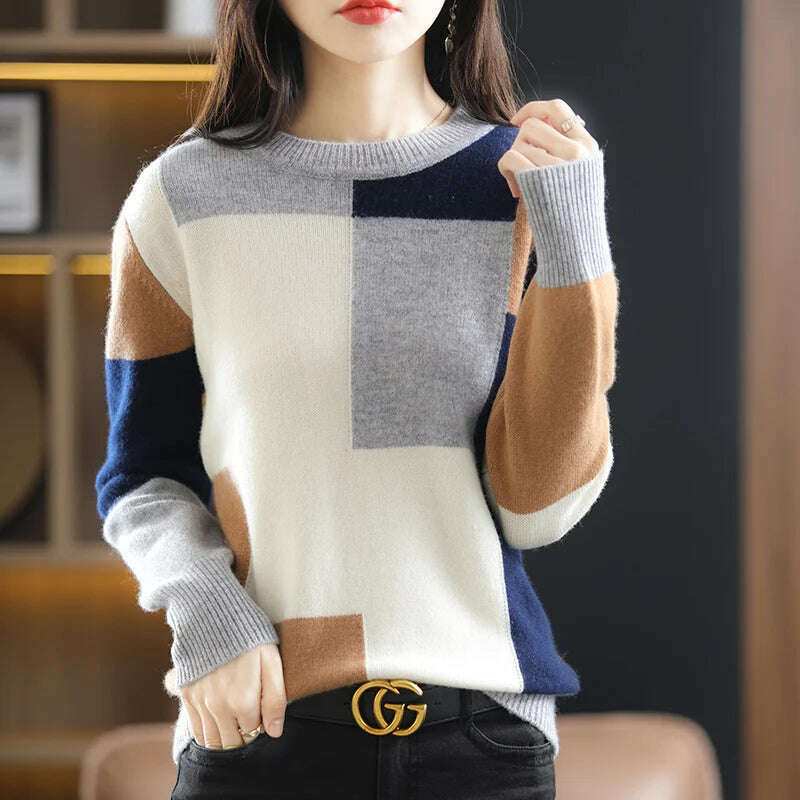 Autumn/Winter Wool Sweater – Round Neck, Color-Block, All-Match Top - D&M Boutique