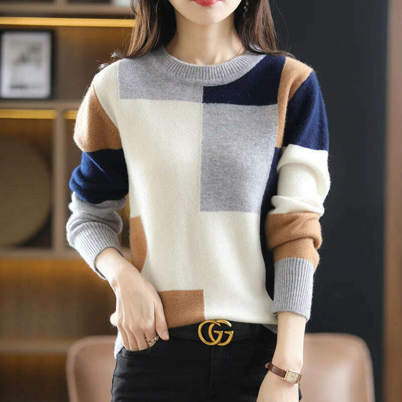 Autumn/Winter Wool Sweater – Round Neck, Color-Block, All-Match Top - D&M Boutique