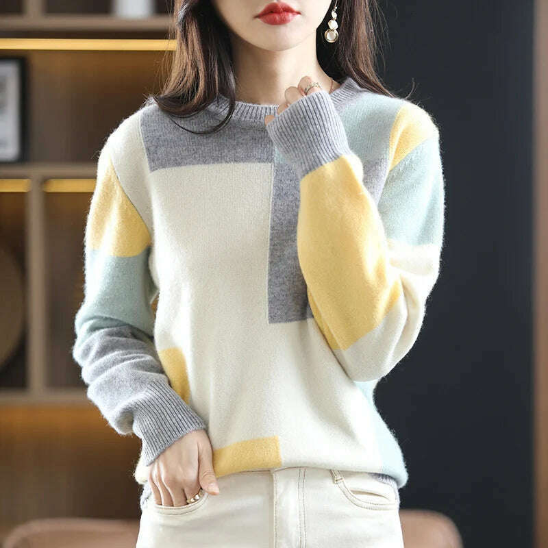 Autumn/Winter Wool Sweater – Round Neck, Color-Block, All-Match Top - D&M Boutique