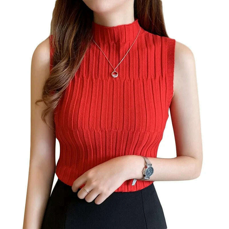 Mock Neck Sleeveless Top – Slim Knit, Summer-Autumn - D&M Boutique