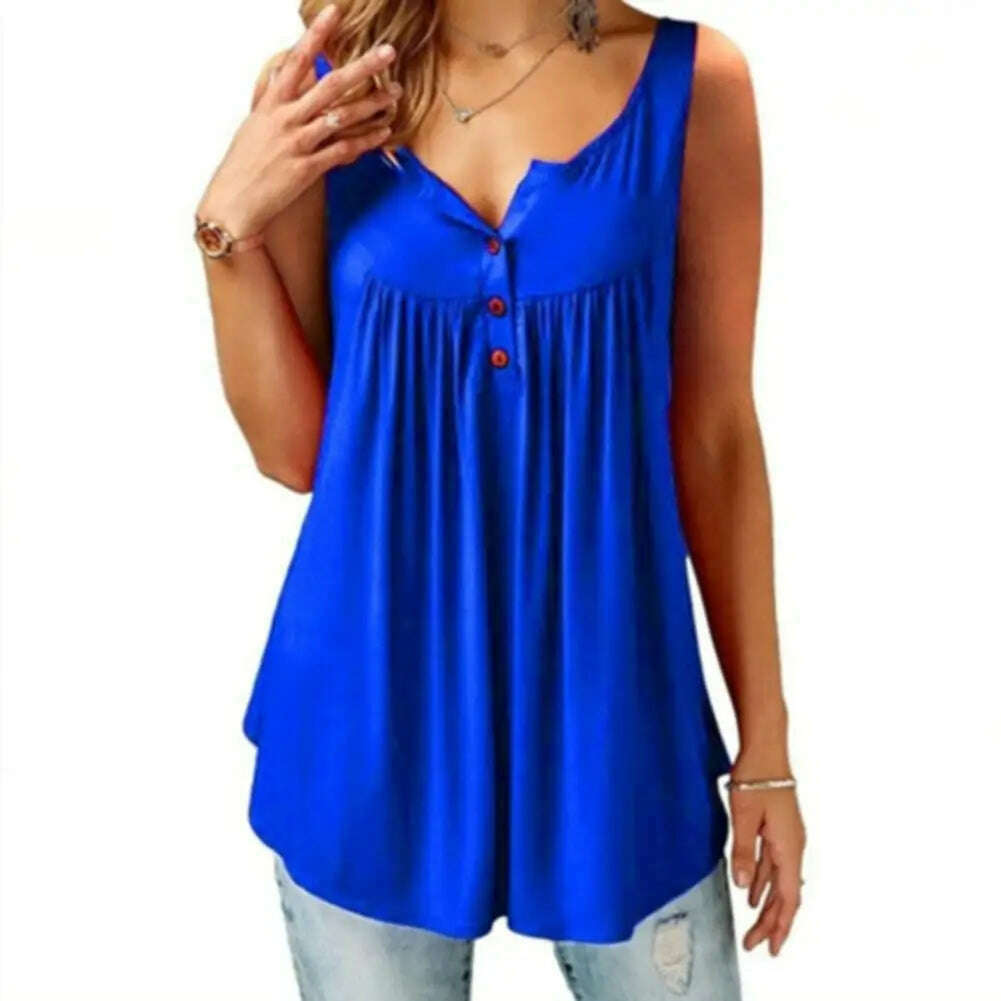 Loose U-Neck Tank Top – Sleeveless, Pleated, Button Detail - D&M Boutique
