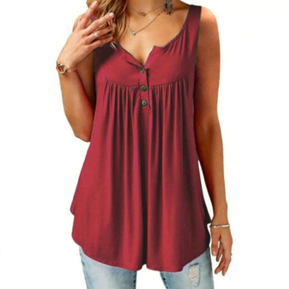 Loose U-Neck Tank Top – Sleeveless, Pleated, Button Detail - D&M Boutique