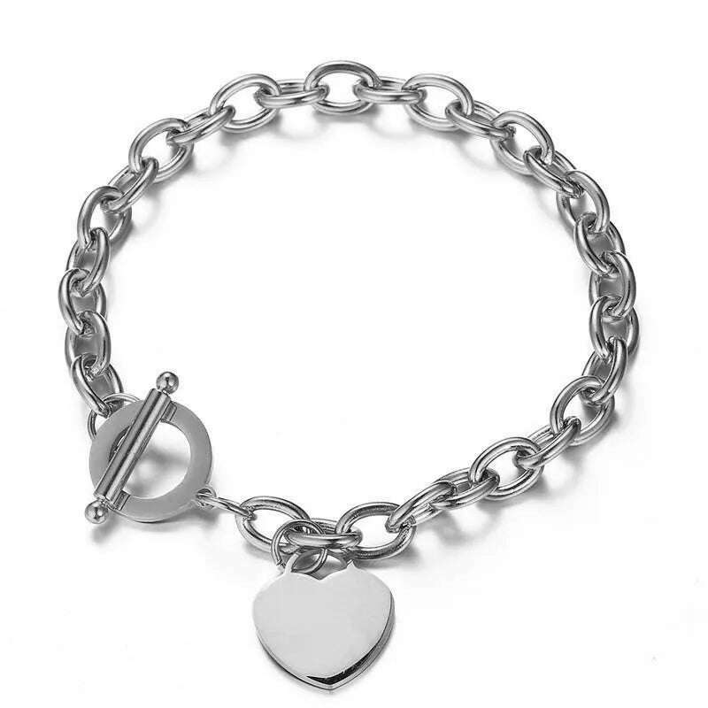 Classic Stainless Steel Toggle Bracelets Thick Chain Love Heart Charm Bracelet For Women Girls New Bracelets Trendy Jewelry