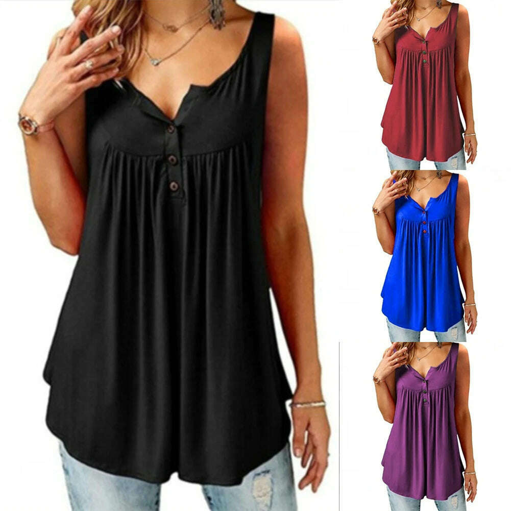 Loose U-Neck Tank Top – Sleeveless, Pleated, Button Detail - D&M Boutique