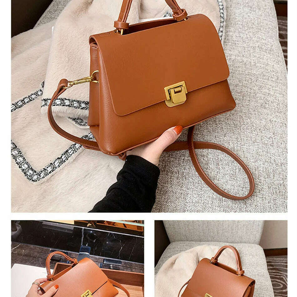 Chic Leather Top-Handle Bag with Gold Lock Closure
